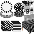 170Pieces Black and White Party Supplies Disposable Paper Plates Napkins Cups Knives Spoons Forks Plastic Tablecloths For Wedding Baby Bridal Shower New Years Decor Serve 24 by GuoZhiXin