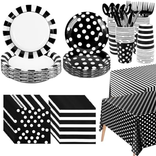 170Pieces Black and White Party Supplies Disposable Paper Plates Napkins Cups Knives Spoons Forks Plastic Tablecloths For Wedding Baby Bridal Shower New Years Decor Serve 24 by GuoZhiXin