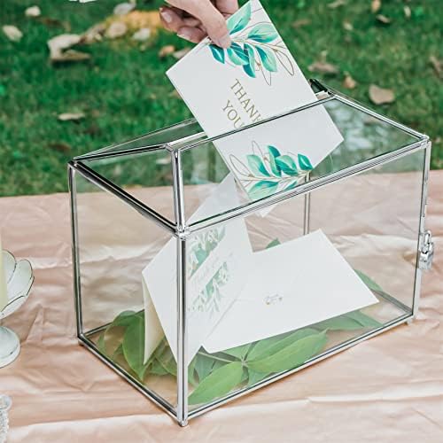NCYP Small 10.2 x 5.9 x 7.9 Inches Silver Glass Cards Box with Slot and Lock for Micro Wedding, Birthday Party - Geometric Card Holder, Home Decorative, Slot Length 6.3'' (Glass Box Only) - Image 2