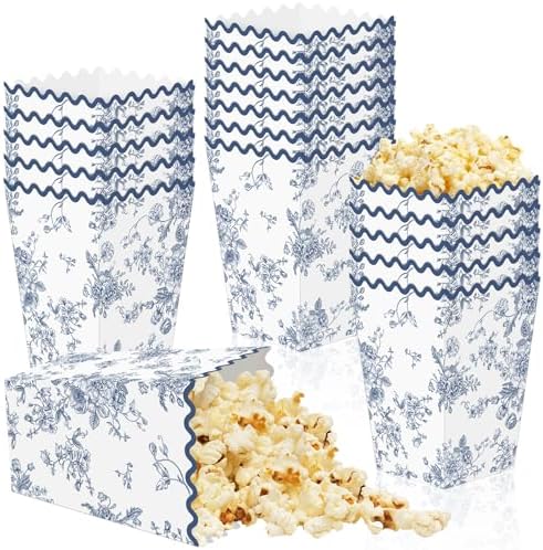 Kuabiz 60 Pcs Blue Floral Popcorn Boxes with Scalloped Chinoiserie Flowers Paper Candy Boxes Disposable Blue Popcorn Bowls Cookie Containers for Wedding Bridal Baby Shower Tea Spring Party Supplies by Kuabiz