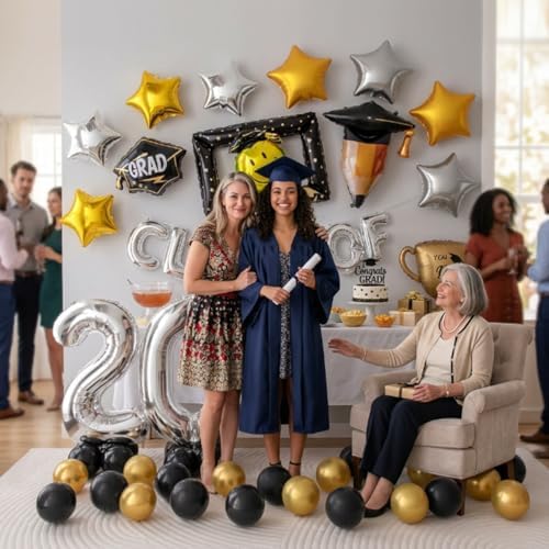 65 PCS Congrats Grad Balloons Kit, Class of 2026 Graduation Party Decorations Black Gold Silver Foil Balloons with Congrats Mylar Balloons Celebration Supplies for High School College Graduation - Image 4