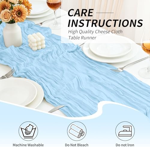 20 Pack Light Blue Cheesecloth Table Runner, 17x108 Inch Semi Sheer Boho Gauze Cheese Cloth Fabric Table Runners for Wedding Party Baby Shower Birthday Garden Farmhouse Table Decor - Image 3
