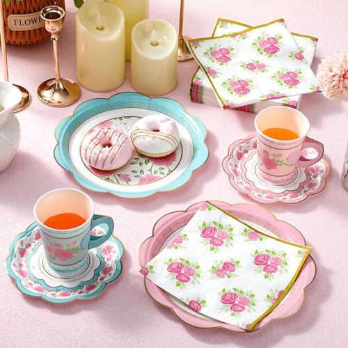 FillTouch 50 Sets Floral Paper Tea Cups and Saucers for Tea Party - Image 2