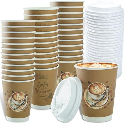 50 Set Baby Is Brewing Coffee Cups with Lids - Baby Is Brewing Shower Decor, 14 oz Disposable Cups Bulk Coffee Themed Party Supplies for Guests Gender Reveal Party Decorations by Ohmique