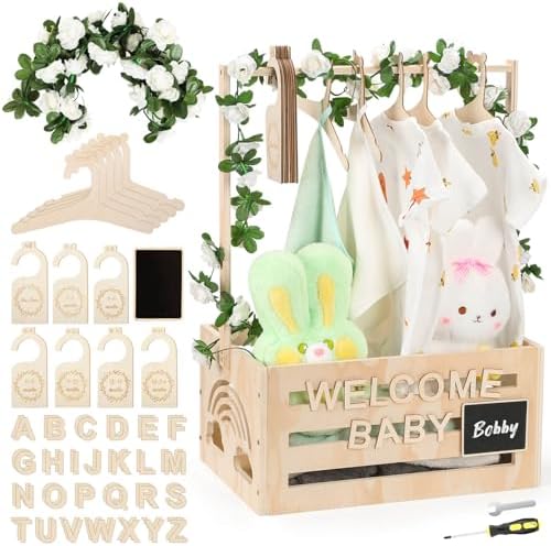 Jupwalz Wooden Baby Shower Crate Closet With Hangers, Letters, Dividers - Easy Assembly Basket for Newborn Boys Girls - Pregnancy Gifts for New Parents by Jupwalz