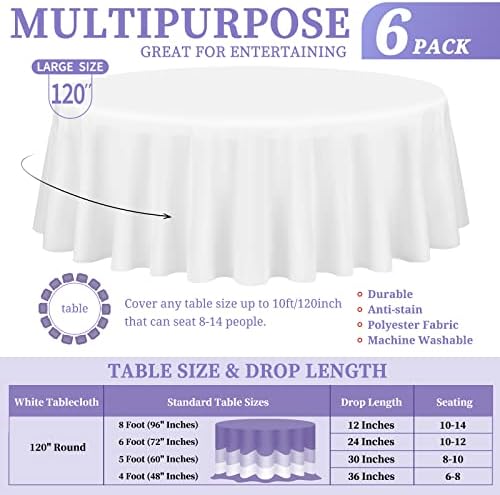 Showgeous 120 Inch White Round Tablecloths, Polyester Table Covers - Image 2