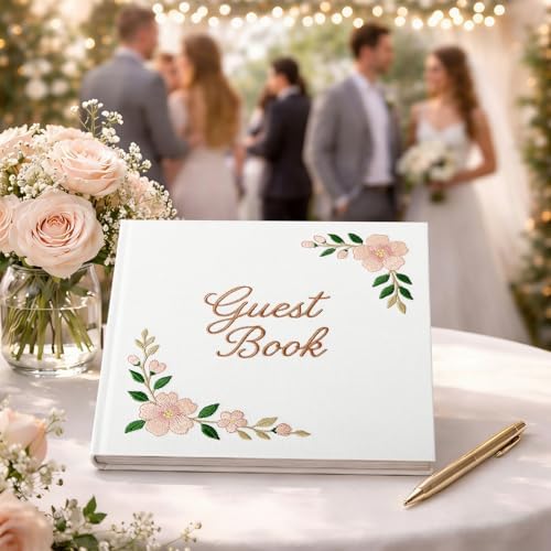 FEELOVE Wedding Guest Book with Embroidered Cover - 8.2" x 8.2" Elegant Guest Book for Party, Wedding Reception, Bridal Shower, Memorial, and Anniversary - Image 3