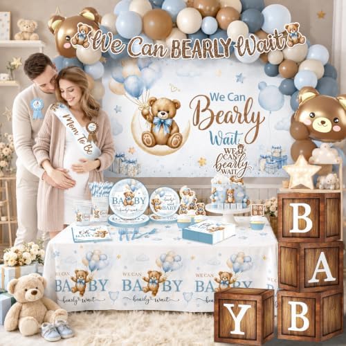 Bear Baby Shower Decorations,260pcs All-in-1 Blue Bear Party Decorations Plates and Napkins Cups Tablecloth Banner Backdrop for Boy Baby Shower Decorations - Image 2