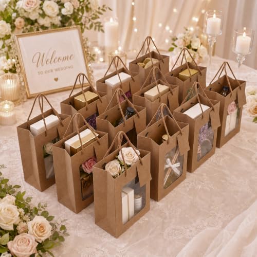 80 Pcs 9.8 x 5.1 x 7.1 in Brown Kraft Paper Gift Bags with Window & Handles - Image 6