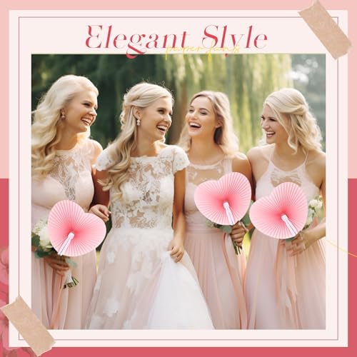 Blulu 60 Pack Wedding Heart Folding Hand Fans Decor Bulk, Pink - Image 4