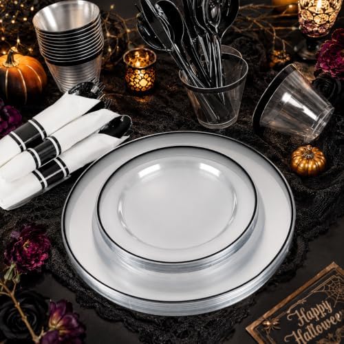 SUT 350 Pcs Black and Clear Plastic Dinnerware Set for 50 Guests, Include: 50 Dinner Plates, 50 Dessert Plates, 50 Pre Rolled Napkins With Silverware, 50 Cups, Disposable Plates for Party - Image 2