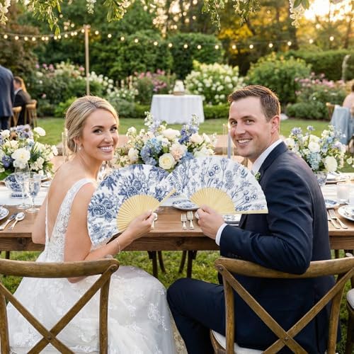 Briwooody 30 Set Blue Floral Hand Folding Fans with Organza Bags Bulk Chinoiserie Wedding Favors for Guests Blue and White Paper Fan for Bridal Shower Supplies Bridesmaid Gifts Party Decorations - Image 3