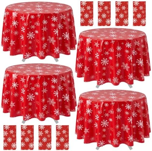 Ganeen 12 Pcs Snowflake Tablecloth Red White, Plastic Round Winter Xmas by Ganeen