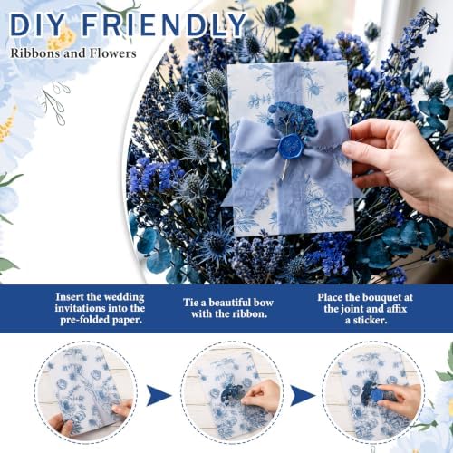 Fullhawl 50 Sets Wedding Invitations Wraps Set Pre Folded Vellum Jackets for 5 x 7 Invitations Dried Flowers Wax Seal Stickers Chiffon Silk Ribbon for Wedding Birthday Bridal Shower (Light Blue) - Image 4