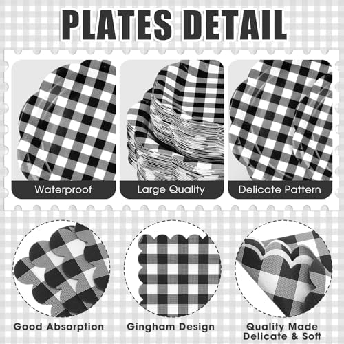 Funnymoom 400 Pcs Gingham Party Supplies for 50 Guests Black and White Paper Plates and Napkins Knives Spoon Fork Cup Disposable Checkered Dinner Party Set Cutlery for Baby Shower Wedding Favor - Image 2