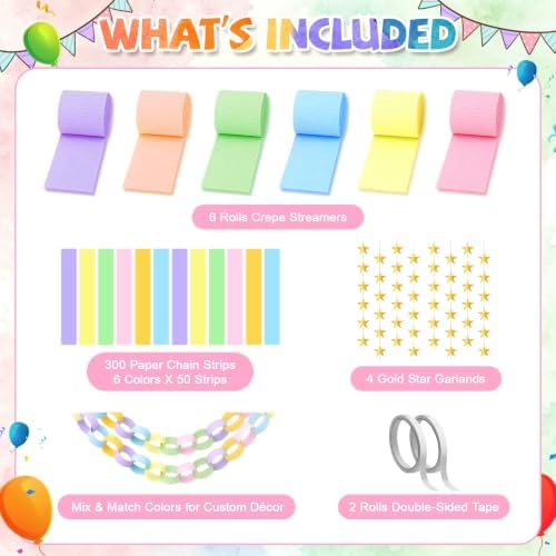 Pastel Paper Chain Strips and Star Garland Streamers Party Decorations Set - Image 2