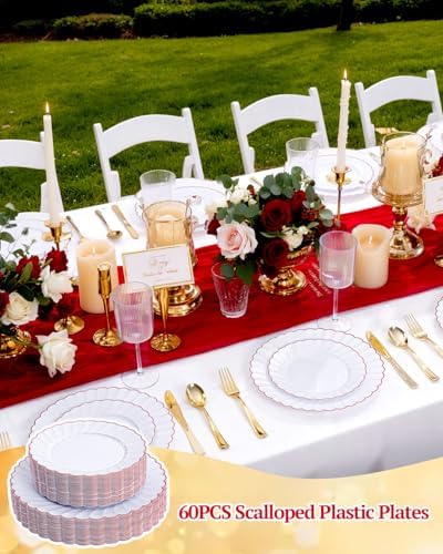 YOUBET 60PCS Red Scalloped Plastic Plates for Party Wedding - Image 6