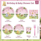 300Pcs Pink Winnie Baby Shower 1st Birthday Plates Decorations Disposal Paper Plates and Napkins Cups Forks Set Vintage Party Supplies Serves 50 Guests - Image 2