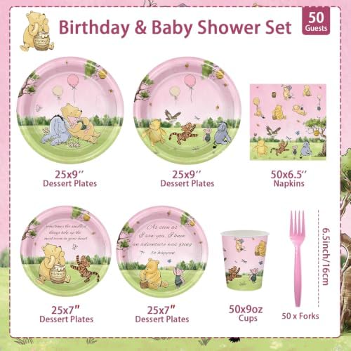 300Pcs Pink Winnie Baby Shower 1st Birthday Plates Decorations Disposal Paper Plates and Napkins Cups Forks Set Vintage Party Supplies Serves 50 Guests - Image 2