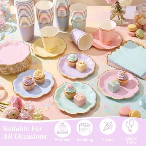 Yungyan 216 Pcs 72 Guest Pastel Paper Plates and Napkins Sets Pastel Party Supplies Gold Foil Scalloped 6" Plates 9 oz Cups Disposable Tableware Set for Birthday Wedding Baby Shower Supplies - Image 3