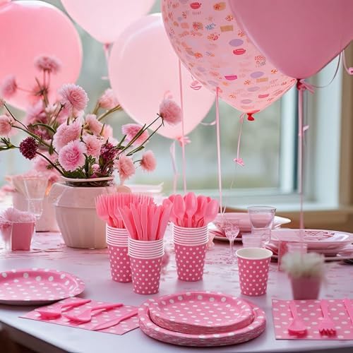 Funnymoom 400 Pcs Pink Polka Dot Party Supplies for 50 Guests White Polka Dot Paper Plates and Napkins Knives Spoon Fork Cup Set Cutlery for Birthday Wedding Bridal Shower Pink Girl - Image 4