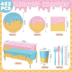 LemonRoad 452 Pcs Ice Cream Party Decorations for 50 Disposable Ice Cream Cone Tableware Set Paper Plate Cup Napkin Tablecloth Fork Straw Spoon Supplies for Birthday Sweet Summer Baby Shower Dinner - Image 3