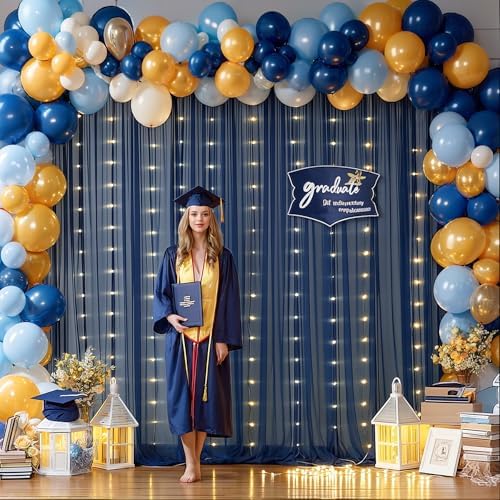 10x10ft Navy Blue Tulle Backdrop Curtain with Lights String for Parties, Sheer Photo Backdrop Drapes for Wedding Baby Shower Birthday Photography Stage Decorations - Image 5