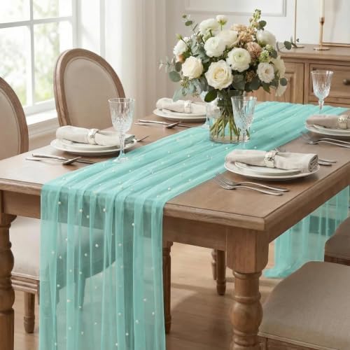 Artoid Mode 6-Pack Pearl Turquoise Gauze Table Runner 10FT Home Decor - Image 3