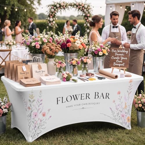 Oudain Photo Booth Tablecloth Flower Bar White Stretch Table Cover - Image 4