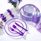 I00000 350Pcs Clear Purple Plastic Plates Dinnerware Set for 50 Guests - Image 4