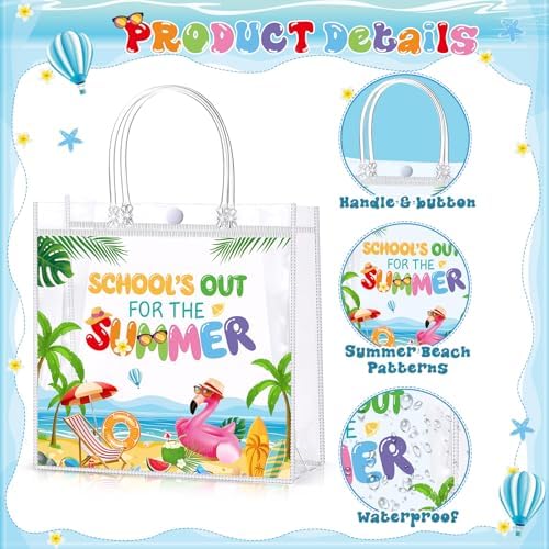 Hosuly 24 Pcs Schools Out for Summer Gift Bags End of the Year Clear PVC Bags Plastic Candy Goodie Handbags for Teachers and Students Summer Vacation Beach Pool Party Favors Supplies - Image 3
