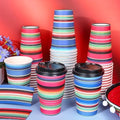 Whaline 50 Sets Mexican Serape Fiesta Disposable Coffee Cups with Lids and Sleeves Mexican Carnival Themed Rainbow Colors Striped Paper Drinking Cups for Cinco De Mayo Birthday Party Supplies by Whaline
