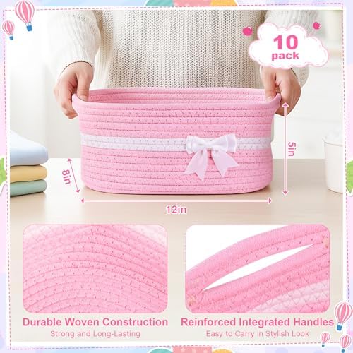 10 Pack Empty Gift Baskets, 12x8x5 Small Pink Woven Cotton Rope Baskets with Gift Bags & Ribbons, Decorative Baby Shower Hamper, Nursery Storage Basket with Handles for Shelves - Image 3
