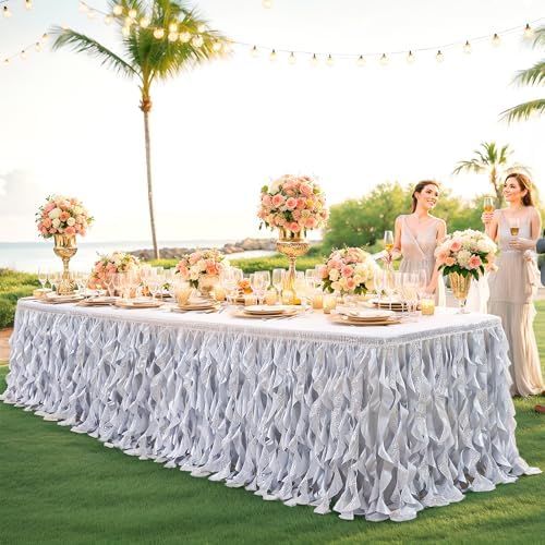 Wish Care 21ft Silver Sequin Table Skirt for Rectangle Tables Glitter Fringe Tutu Skirts Ruffle Tablecloth Teacher Desk Skirt for School Classroom Office Wedding Birthday Party Table Decorations by WishCare
