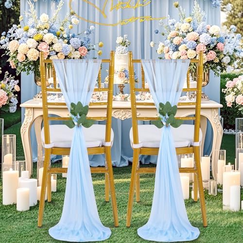 QueenDream Light Blue Sashes Chair Aisle Decorations: 36 Pack Baby Shower Chair Cover 8FT Long Tulle Draping Fabric Wedding Reception Church - Image 6