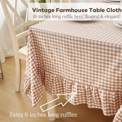 Taupe White Gingham Ruffle Tablecloth Square 60"x60" - Image 4