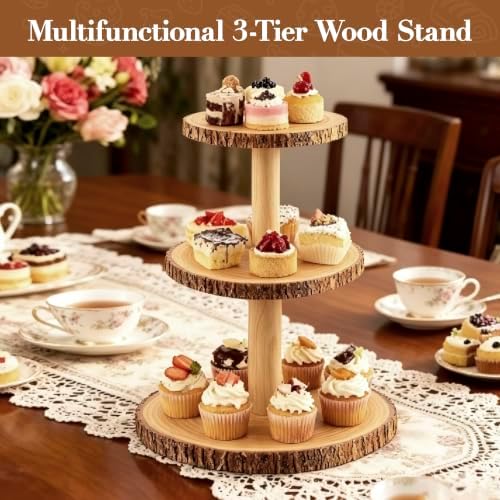 3-Tier Round Wooden Cupcake Stand, Rustic Natural Bark Wood Dessert Display Tower Platter for Wedding, Birthday, Baby Shower, Tea Party & Farmhouse Party Buffet - Image 2
