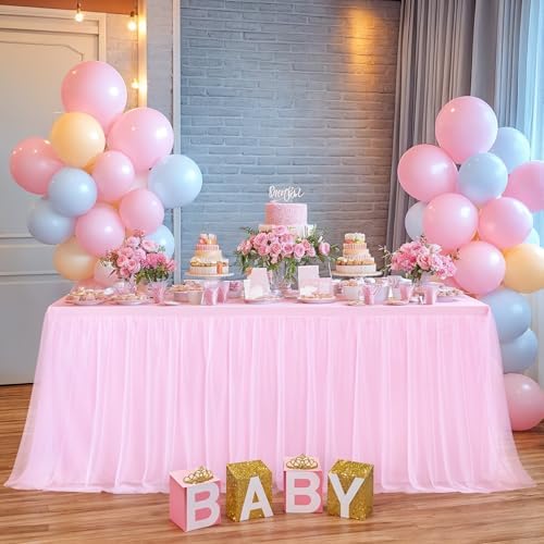 Pink Table Cloths for Parties Light Pink Tulle Tablecloth Rectangle, Pink Tulle Table Skirt Rectangle Table 6ft Fitted Table Covers Stretch Elastic Banquet Party Baby Shower Wedding Table Cloth 6 Foot - Image 5