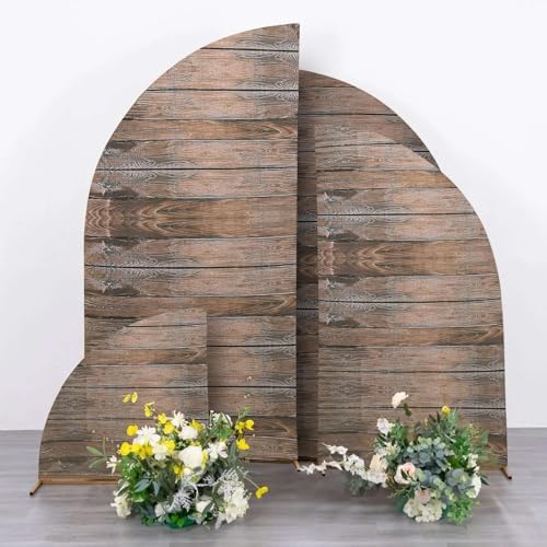 Efavormart Set of 4 Brown Rustic Wood Print Spandex Chiara Backdrop Covers, Fitted Half Moon Arch Slipcovers 2.5ft-7ft for Farmhouse and Woodland Decor - Image 2