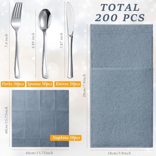Gueevin 200 PCS Linen Feel Napkins with Plastic Dinnerware Napkin and Plastic Cutlery Set Disposable Dinnerware(Dusty Blue) - Image 2