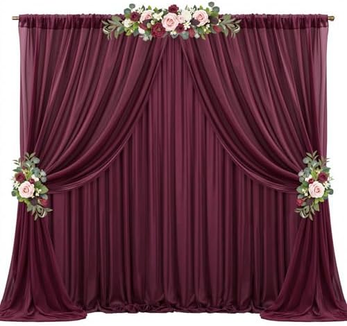 20ft x 10ft Burgundy Backdrop Curtains, Wrinkle-Free Sheer Chiffon Fabric Photo Backdrop Drapes for Wedding Arch Party Ceremony Stage Photography Decorations by WishCare