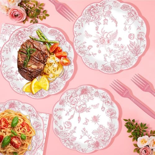 250 Pcs Pink Floral Plates and Napkins, 50 Guests Pink and White Scalloped Disposable Tableware Set Vintage Paper Plates Napkins for Wedding Bridal Shower Tea Garden Party Supplies - Image 7