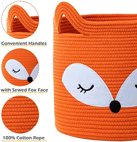 VK VK·LIVING Fox Toy Basket Cotton Rope Animal Baskets Orange Laundry Hamper for Toys, Clothes,Gifts,Towels, Blankets, Empty Gift Basket for Organizing with Handles 15''x14'' - Image 4