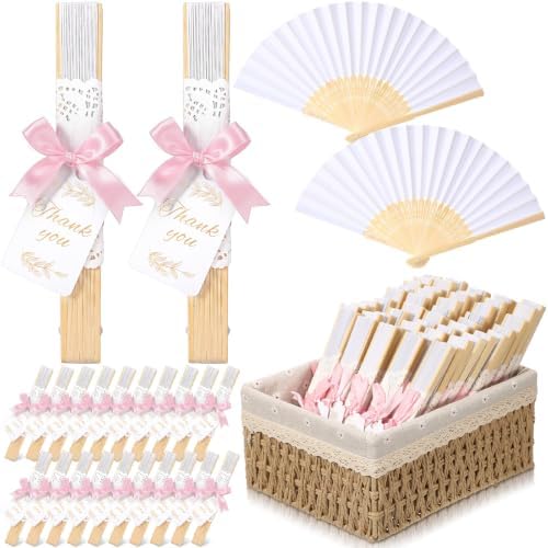 Beeveer 50 Sets Folding Wedding Fan Favor for Guest with Basket, Ready to Use Bulk White Folding Hand Paper Fan with Bow Ribbon Thank You Tag, Bridal Shower Wedding Party Favor Gift (Pink,Daisy) by Beeveer
