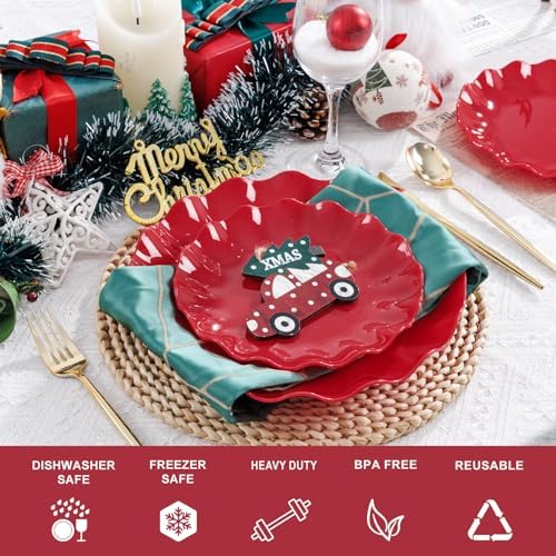 LIYH 50 Pcs Red Plastic Plates Reusable Christmas Plastic Plates Unbreakable Holiday Dinnerware Set Scalloped Plate for Christmas Day,Dishwasher Safe BPA Free (25Guests) - Image 6