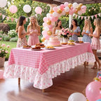 Moukeren Pink White Plaid Ruffled Long Table Cloth Rectangular Fits - Image 3