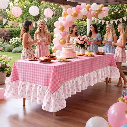 Moukeren Pink White Plaid Ruffled Long Table Cloth Rectangular Fits - Image 3
