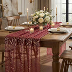 Artoid Mode 10Pcs Burgundy Gauze Gold Table Runner 10FT, Glitter Metallic Foil Sheer Dining Wedding Anniversary Holiday Table Decor for Home Party - Image 5