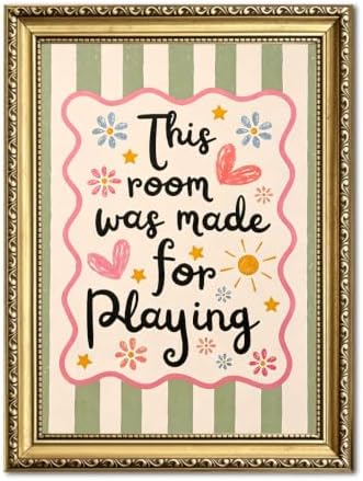 This Room Was Made For Playing Wall Art Funny Nursery Quote Sign Wall Decor Picture Cute Colorful Striped Poster Canvas Painting Print for Bedroom Kids Room Playroom 24x16 inch Gold Framed by Unknown
