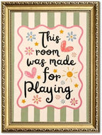 This Room Was Made For Playing Wall Art Funny Nursery Quote Sign Wall Decor Picture Cute Colorful Striped Poster Canvas Painting Print for Bedroom Kids Room Playroom 12x16 inch Gold Framed by Unknown